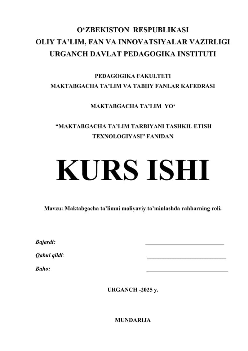 MAKTABGACHA TA’LIM TARBIYANI TASHKIL ETISH TEXNOLOGIYASI