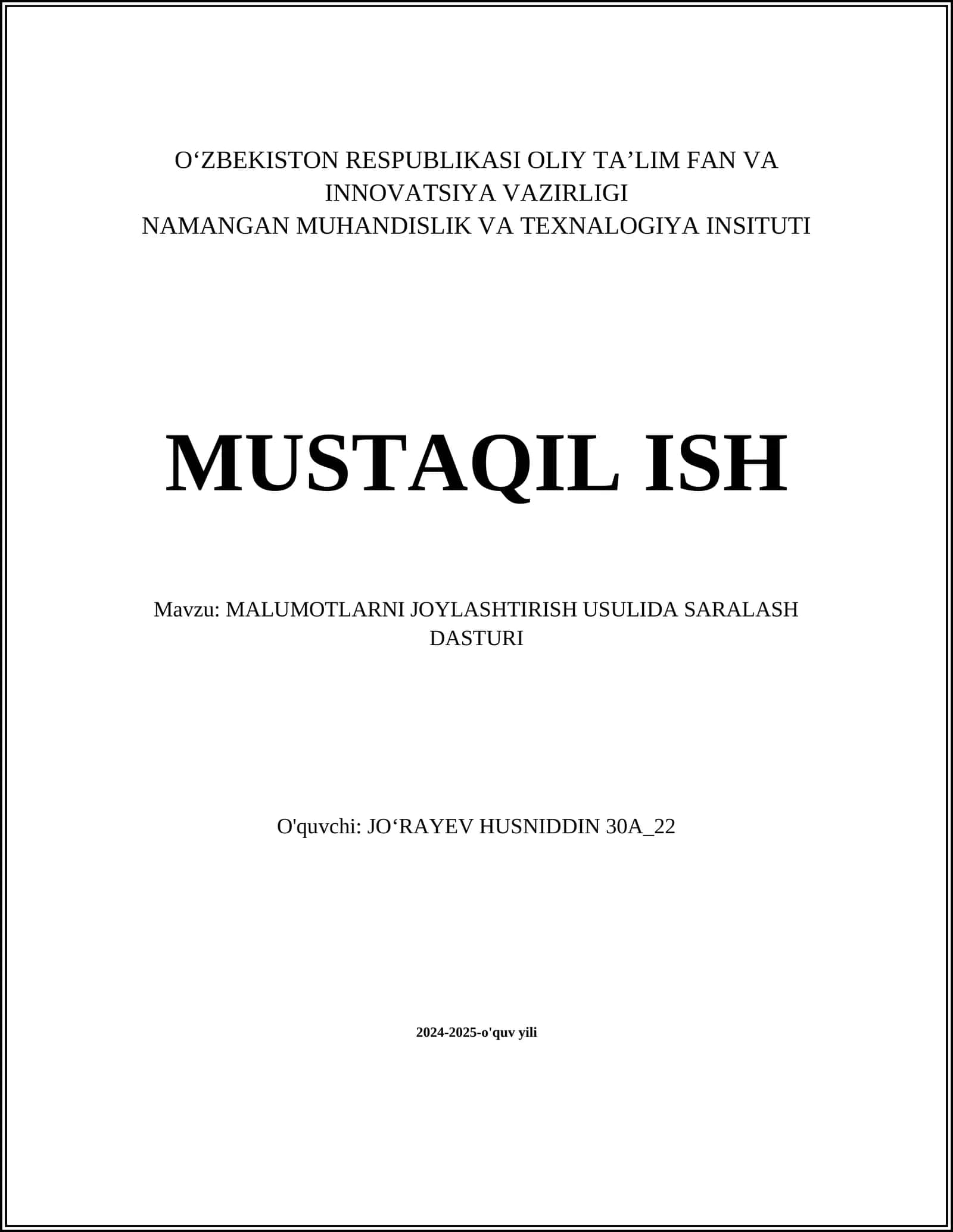 MALUMOTLARNI JOYLASHTIRISH USULIDA SARALASH DASTURI