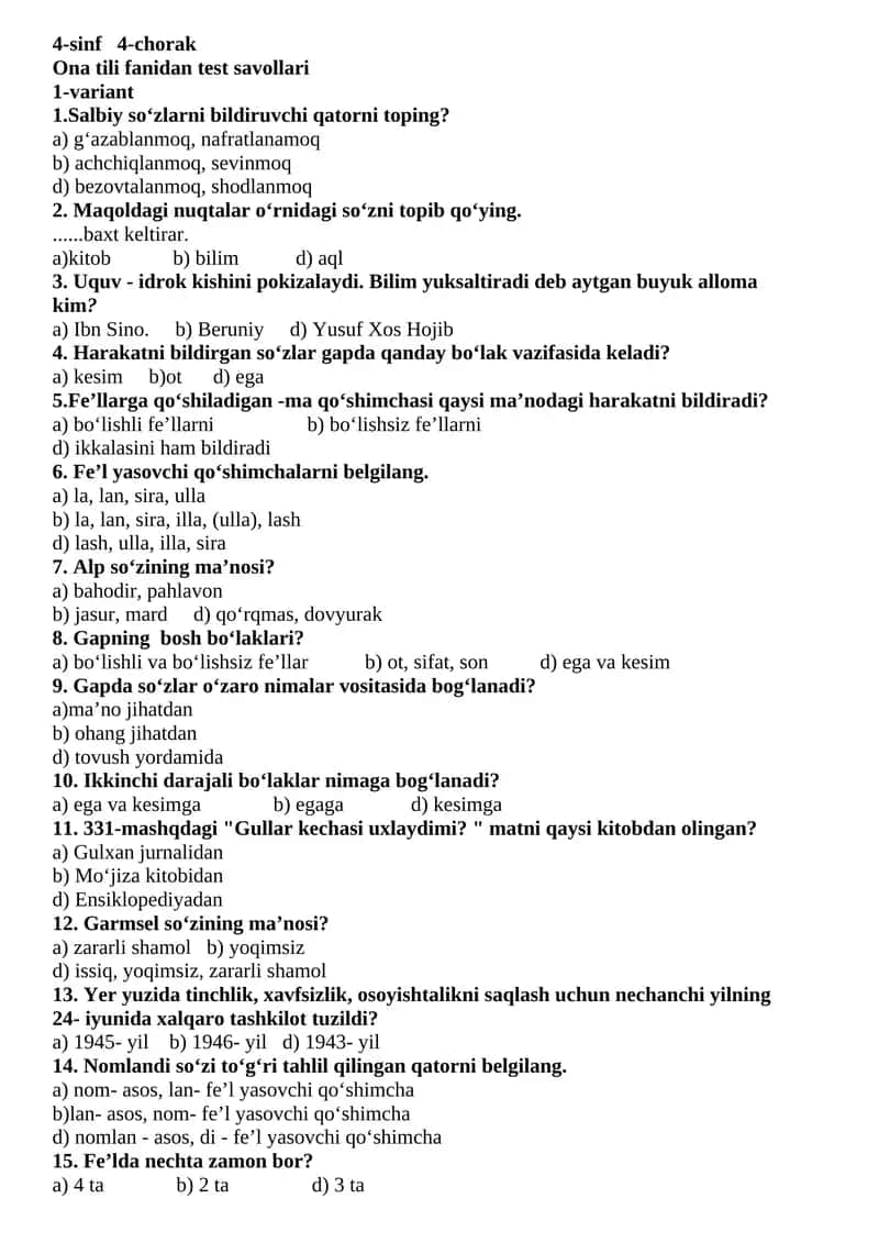4-sinf 4-chorak Ona tili fanidan test savollari