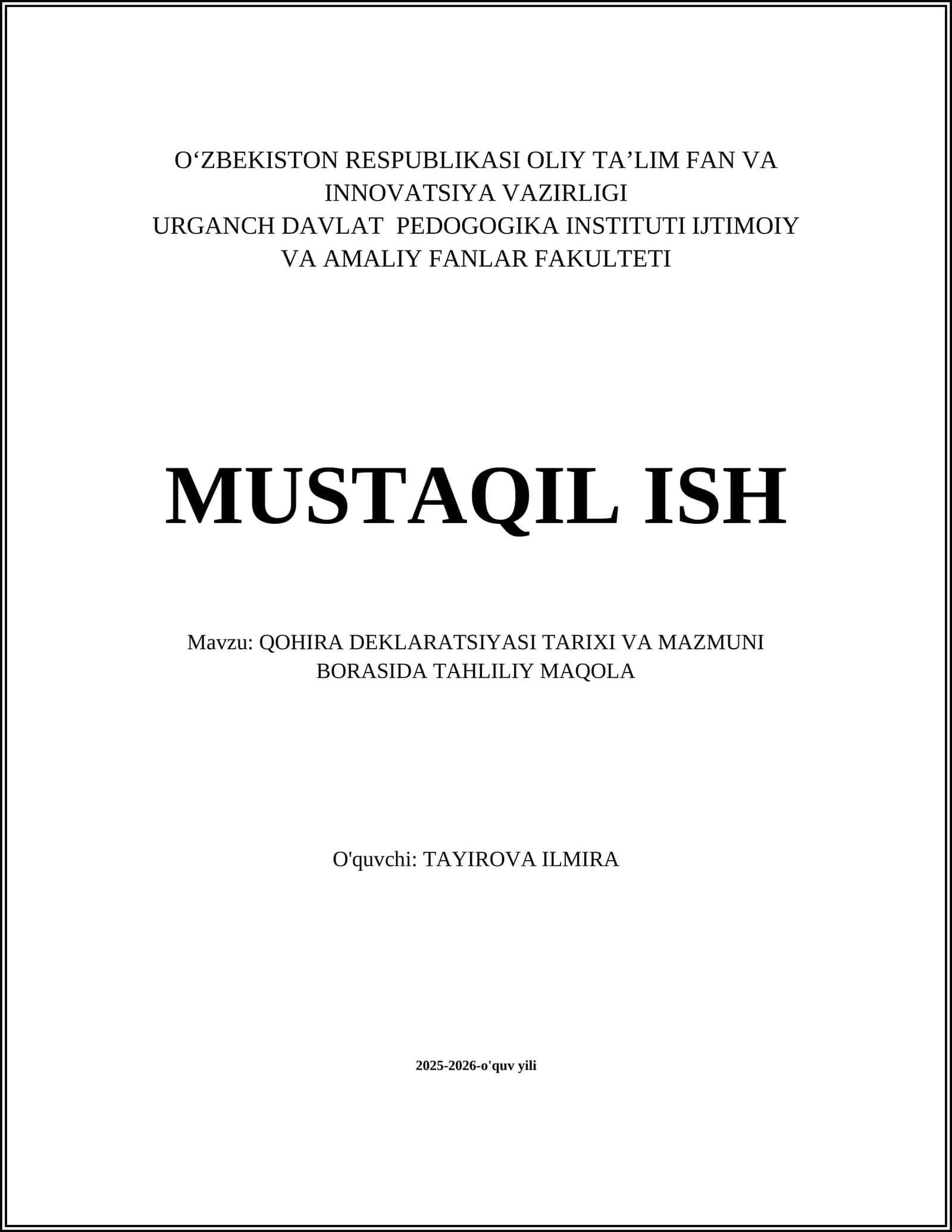 Qohira Deklaratsiyasi Tarixi va Mazmuni Borasida Tahliliy Maqola