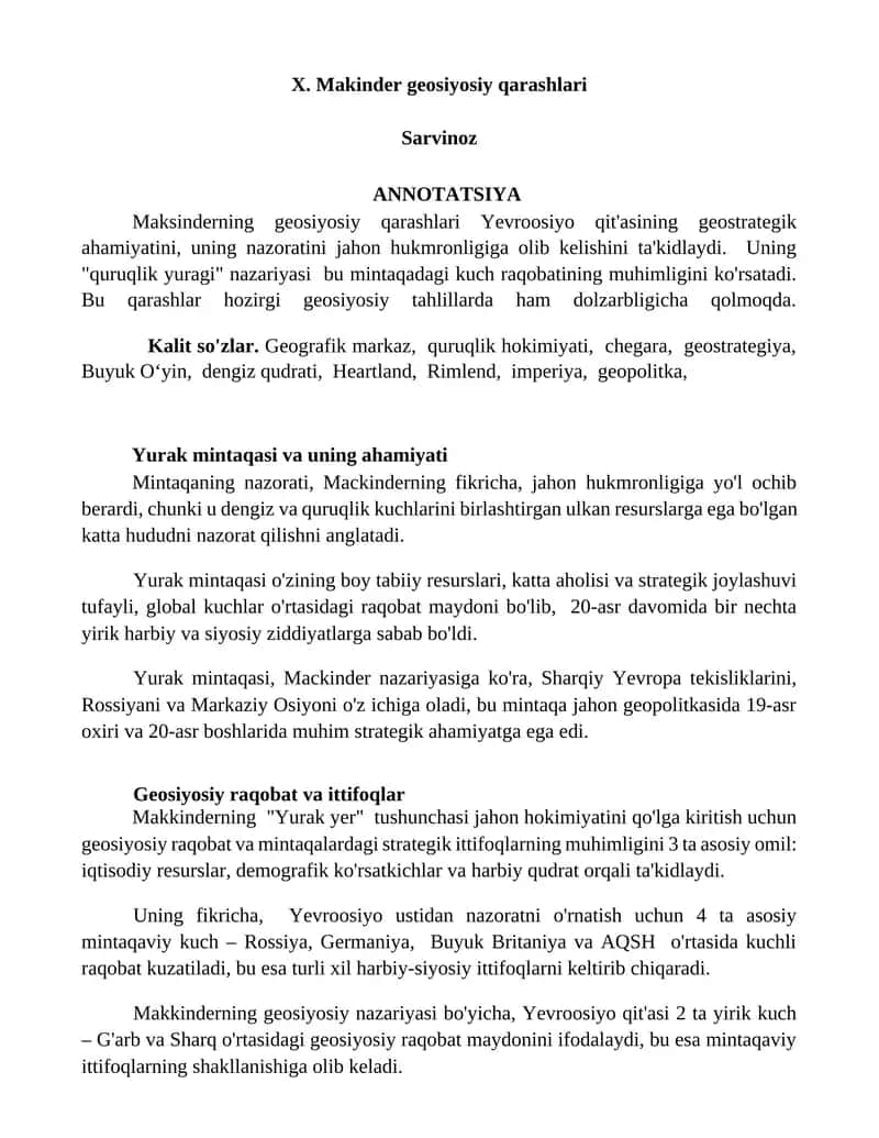Mavzu: Makinder geosiyosiy qarashlari