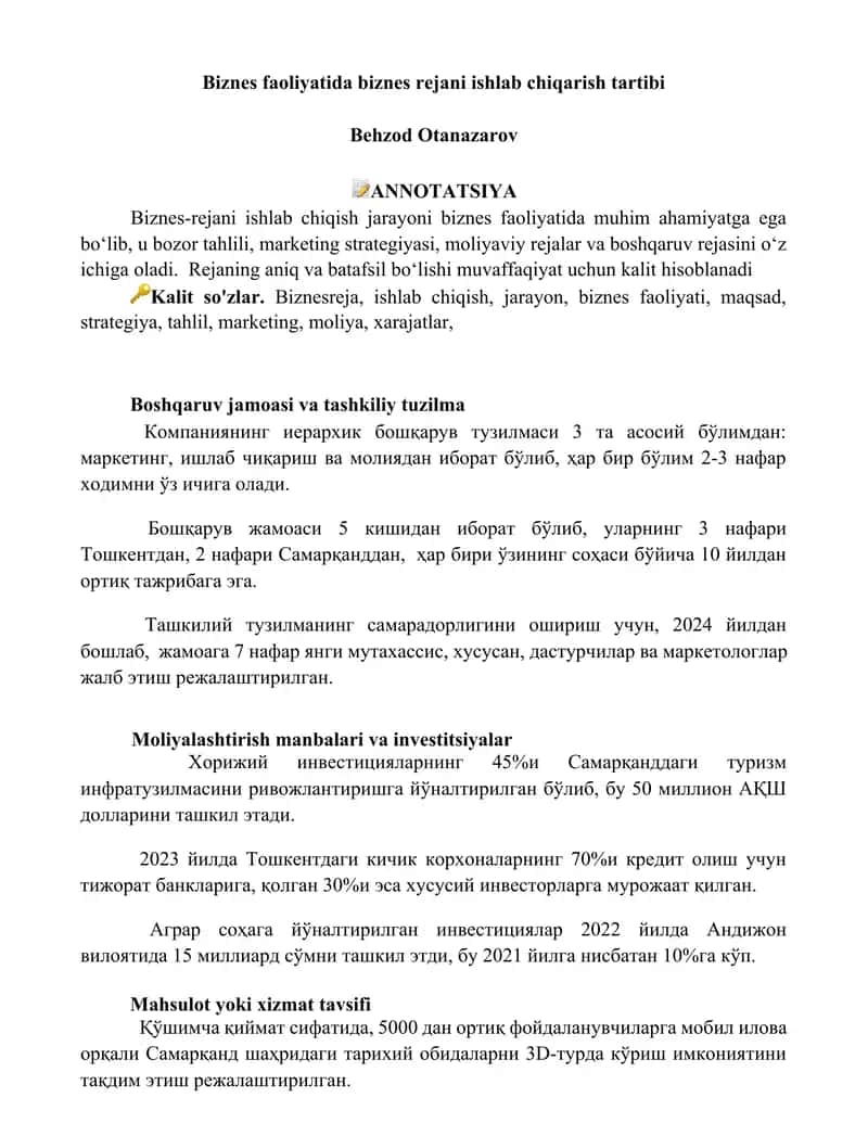 Biznes faoliyatida biznes rejani ishlab chiqarish tartibi
