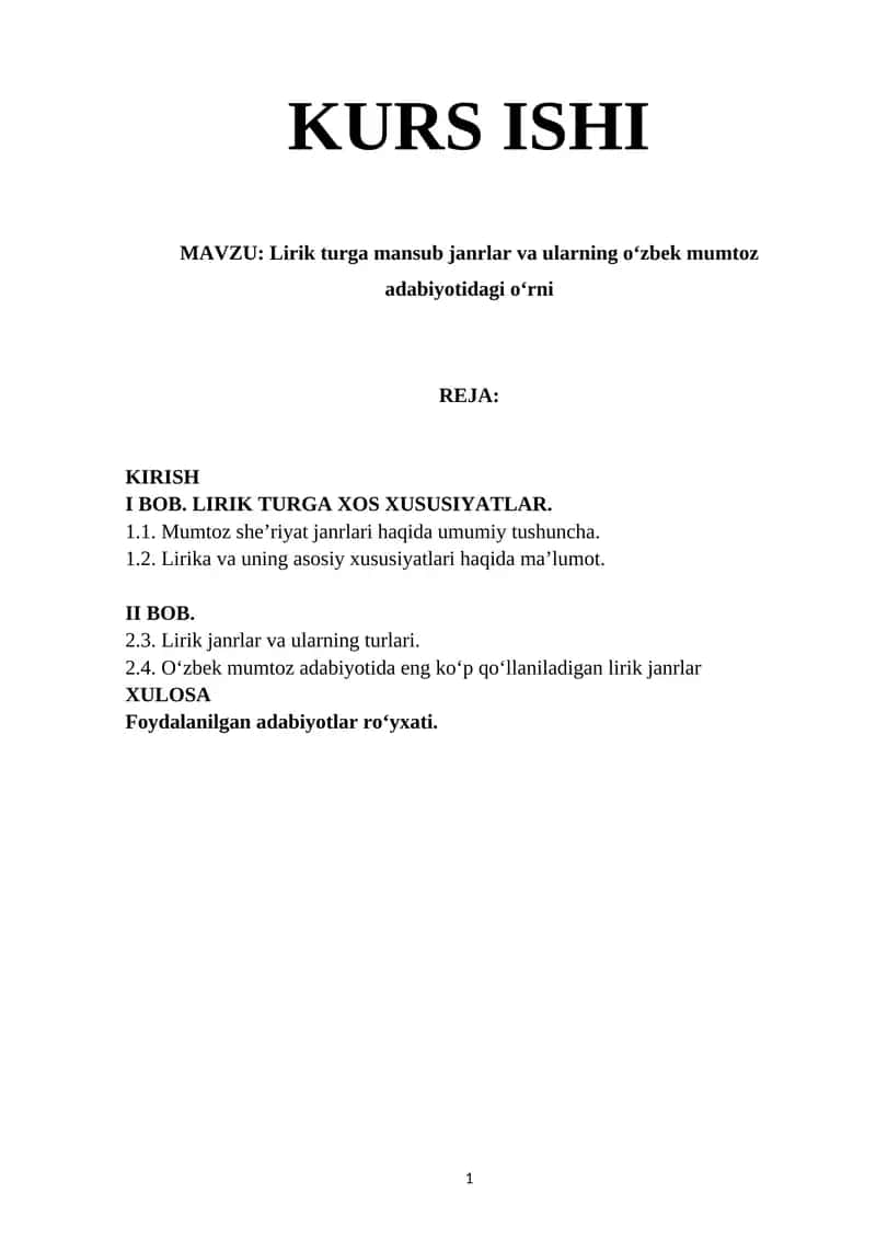Lirik turga mansub janrlar va ularning o‘zbek mumtoz adabiyotidagi o‘rni