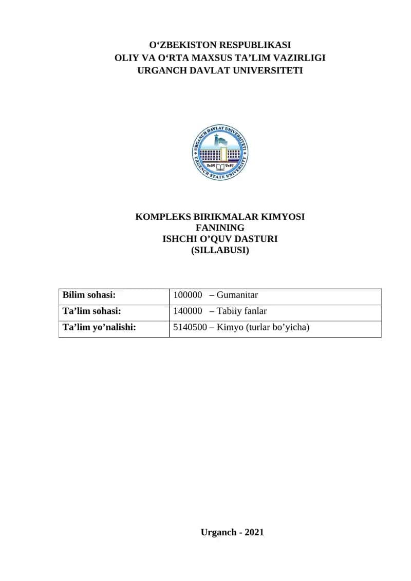 KOMPLEKS BIRIKMALAR KIMYOSI FANINING ISHCHI O’QUV DASTURI (SILLABUSI)