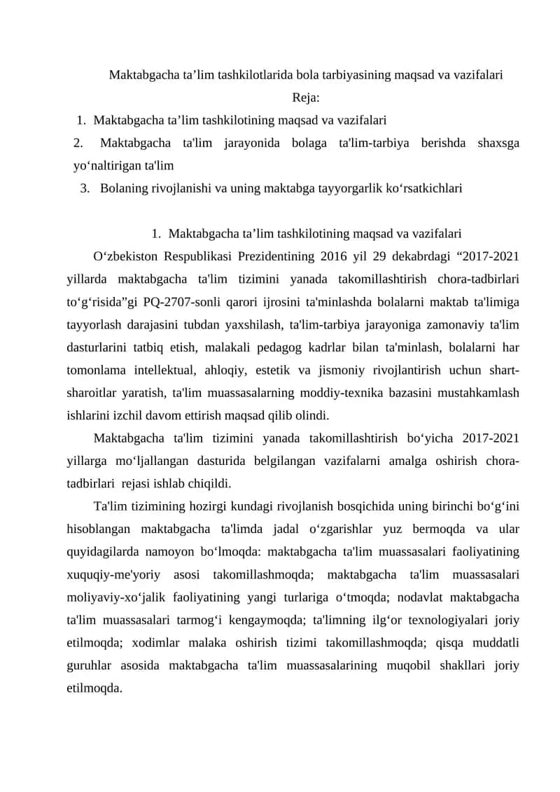 Maktabgacha ta’lim tashkilotlarida bola tarbiyasining maqsad va vazifalari