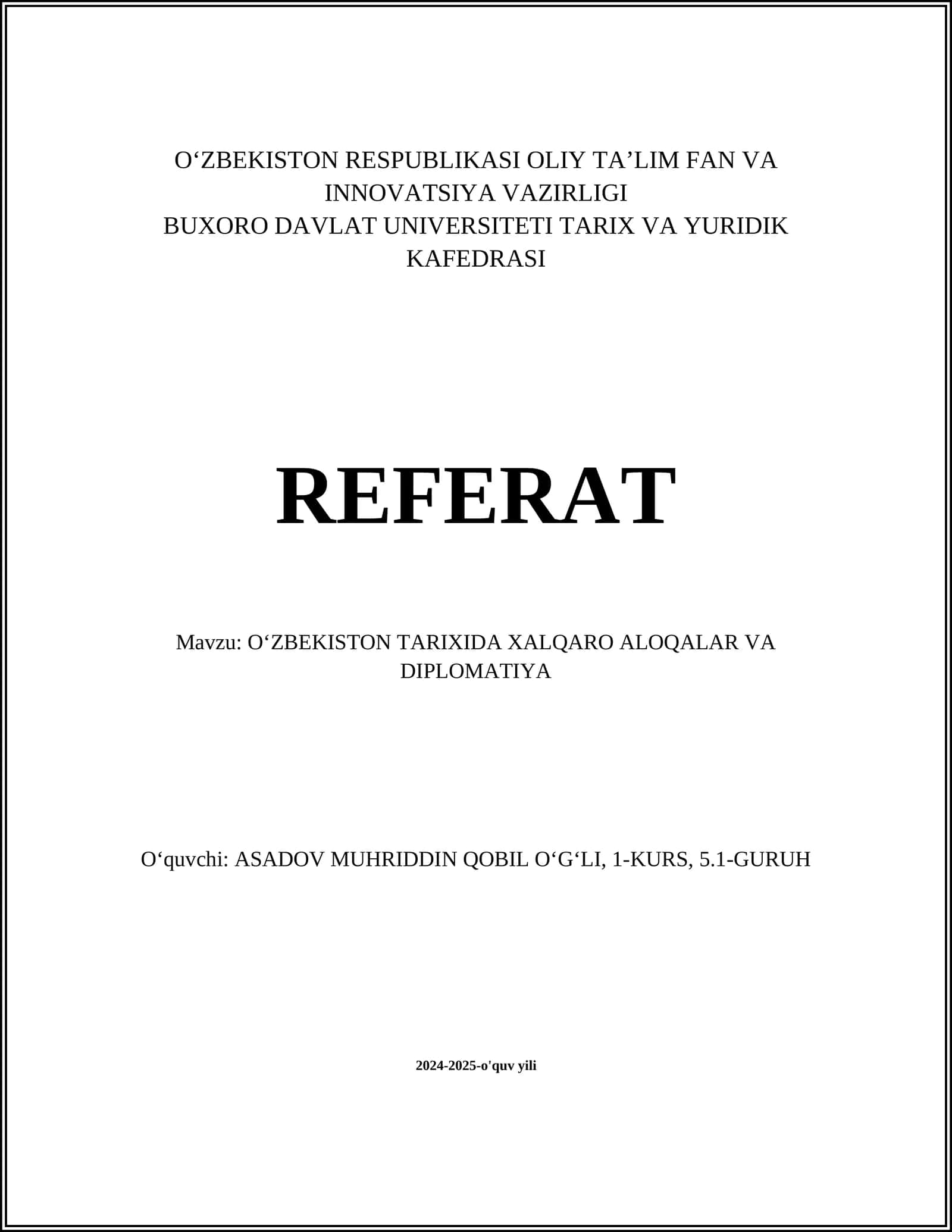 O‘ZBEKISTON TARIXIDA XALQARO ALOQALAR VA DIPLOMATIYA
