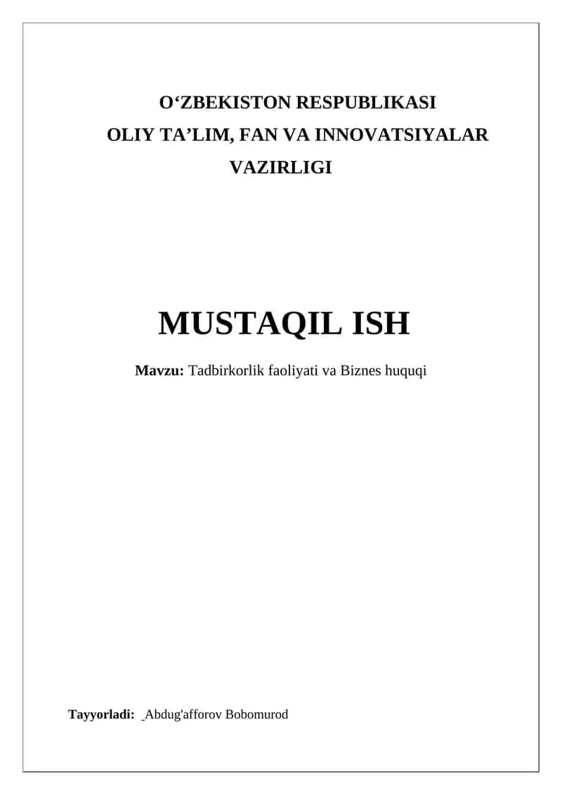 Tadbirkorlik faoliyati va Biznes huquqi
