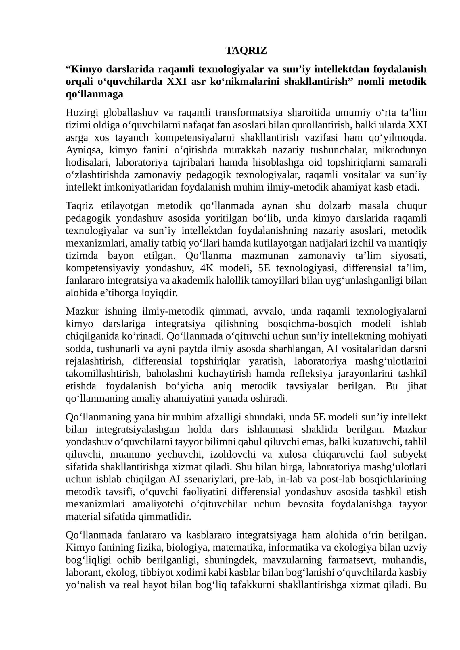 “Kimyo darslarida raqamli texnologiyalar va sun’iy intellektdan foydalanish orqali o‘quvchilarda XXI asr ko‘nikmalarini shakllantirish” nomli metodik qo‘llanma