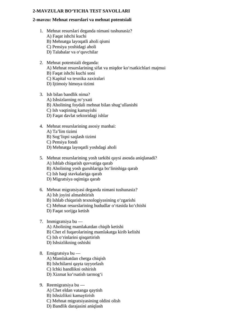 Mehnat resurslari va mehnat potentsiali