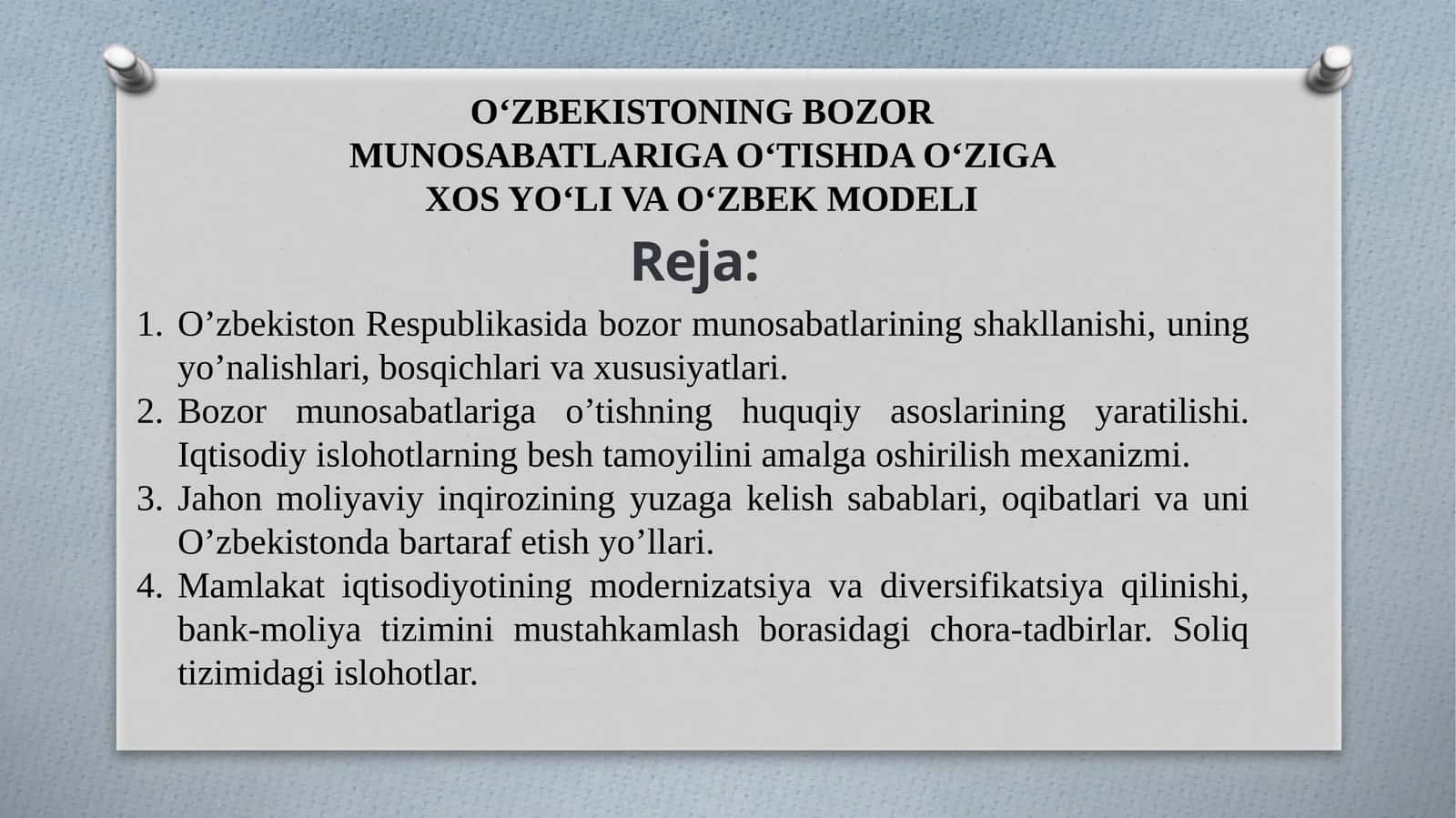 O’zbekiston Respublikasida bozor munosabatlarining shakllanishi