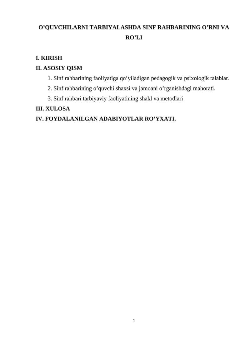 O’QUVCHILARNI TARBIYALASHDA SINF RAHBARINING O’RNI VA RO’LI