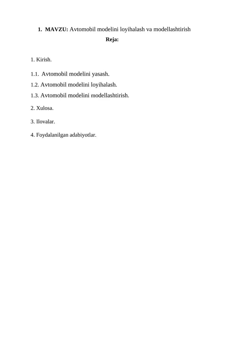 Avtomobil modelini loyihalash va modellashtirish