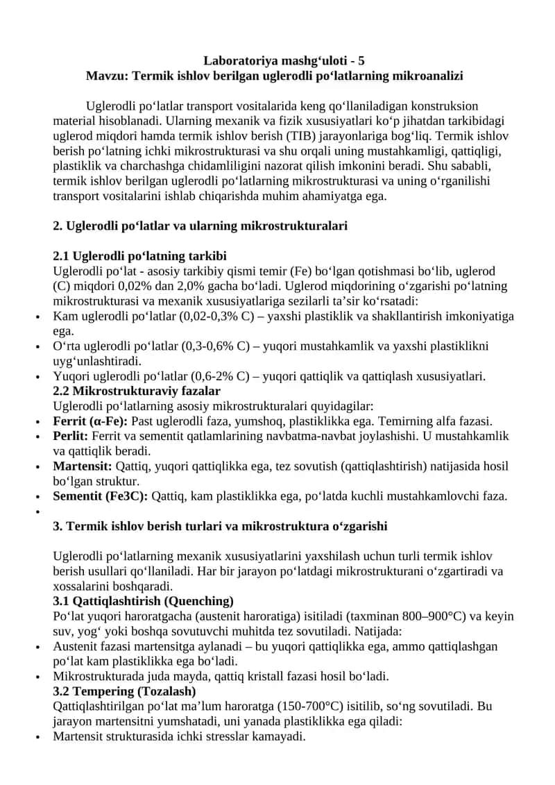 Termik ishlov berilgan uglerodli po‘latlarning mikroanalizi