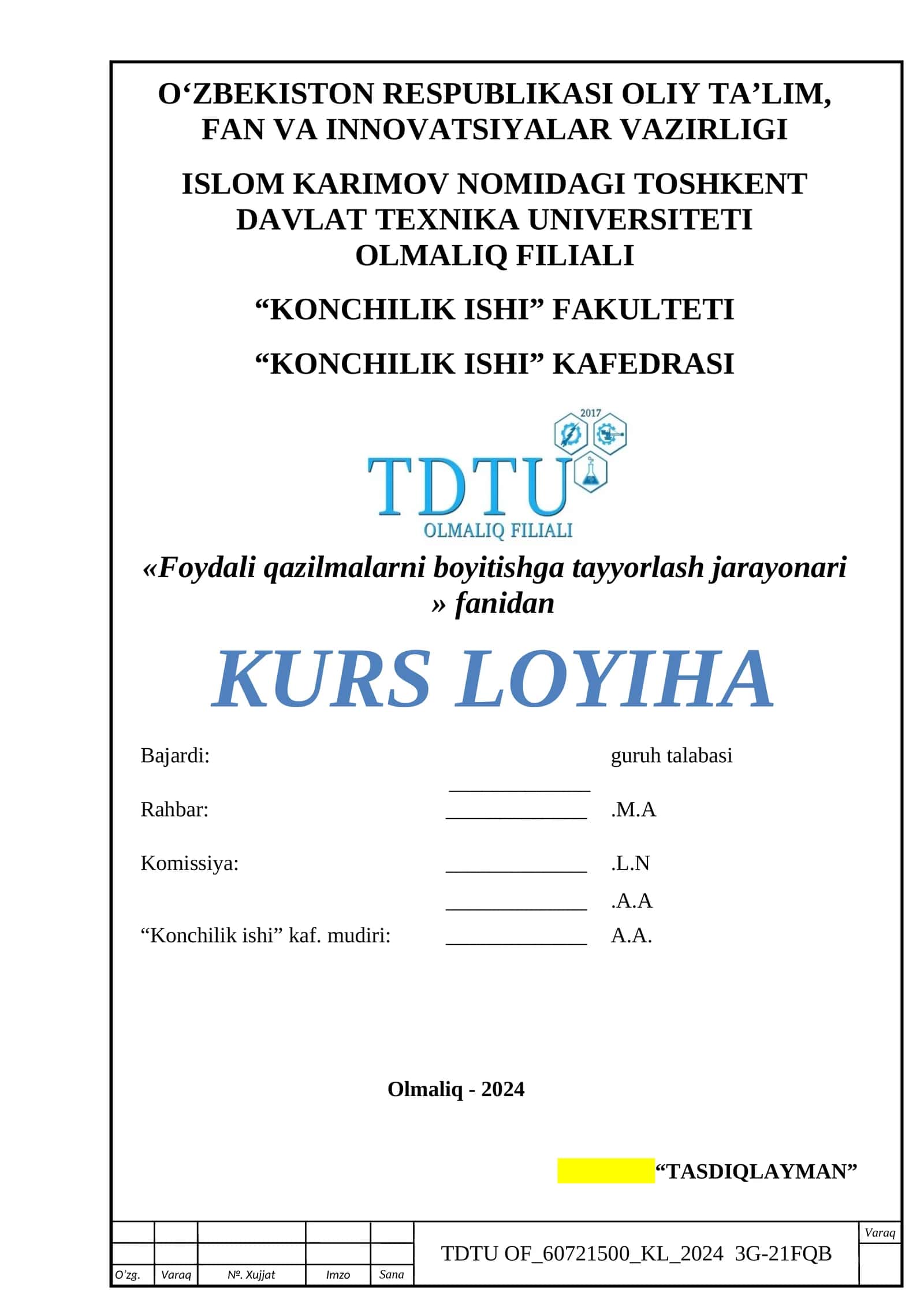 MIS RUDALARINI BOYITISHGA TAYYORLASH KURS LOYIHA