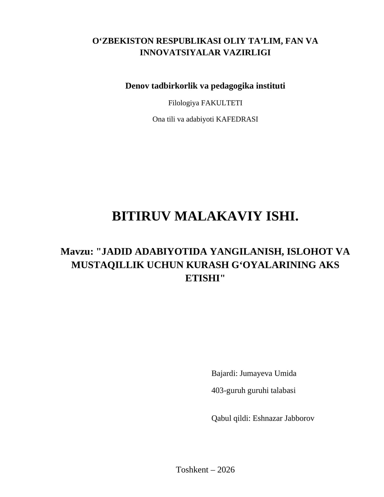 Jadid adabiyotida yangilanish, islohot va mustaqillik uchun kurash gʻoyalarining aks etishi