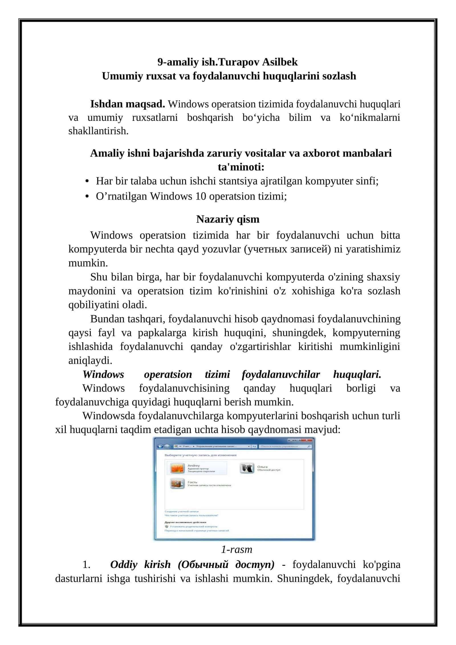 Umumiy ruxsat va foydalanuvchi huquqlarini sozlash