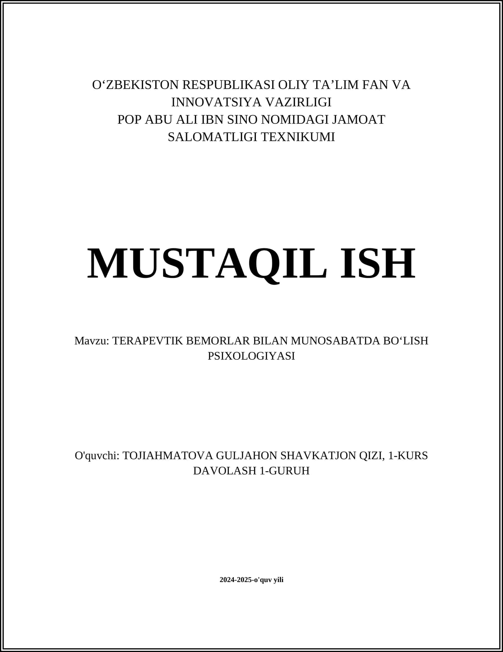 TERAPEVTIK BEMORLAR BILAN MUNOSABATDA BOʻLISH PSIXOLOGIYASI