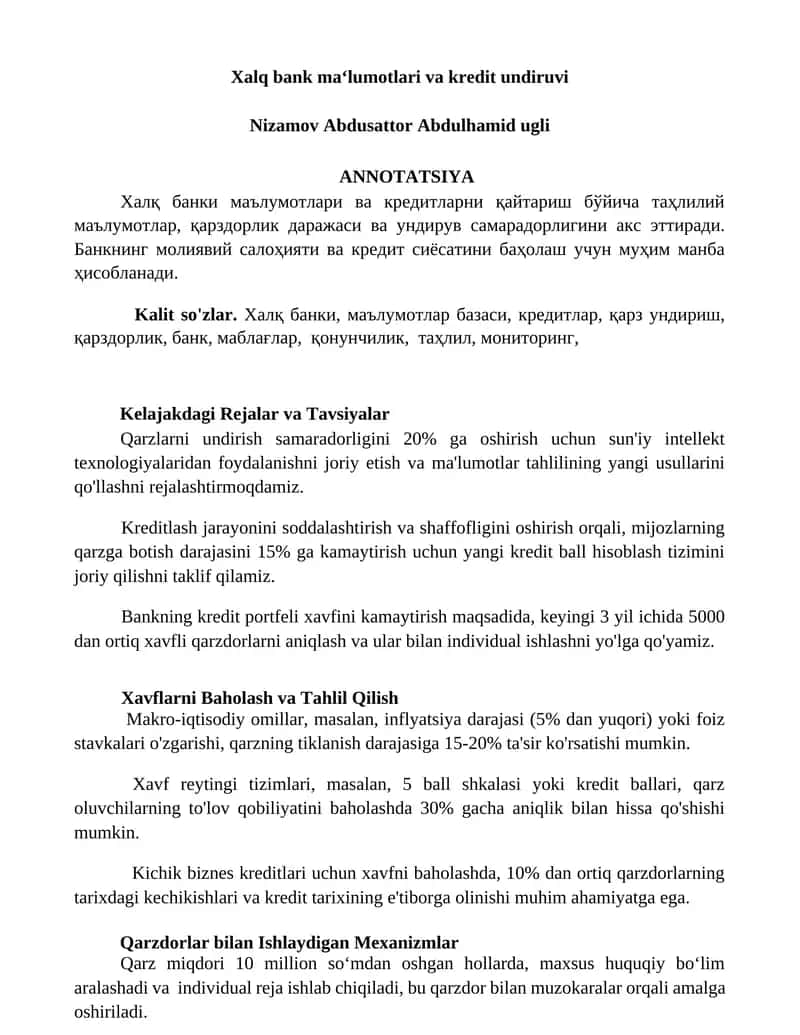 Xalq bank ma‘lumotlari va kredit undiruvi