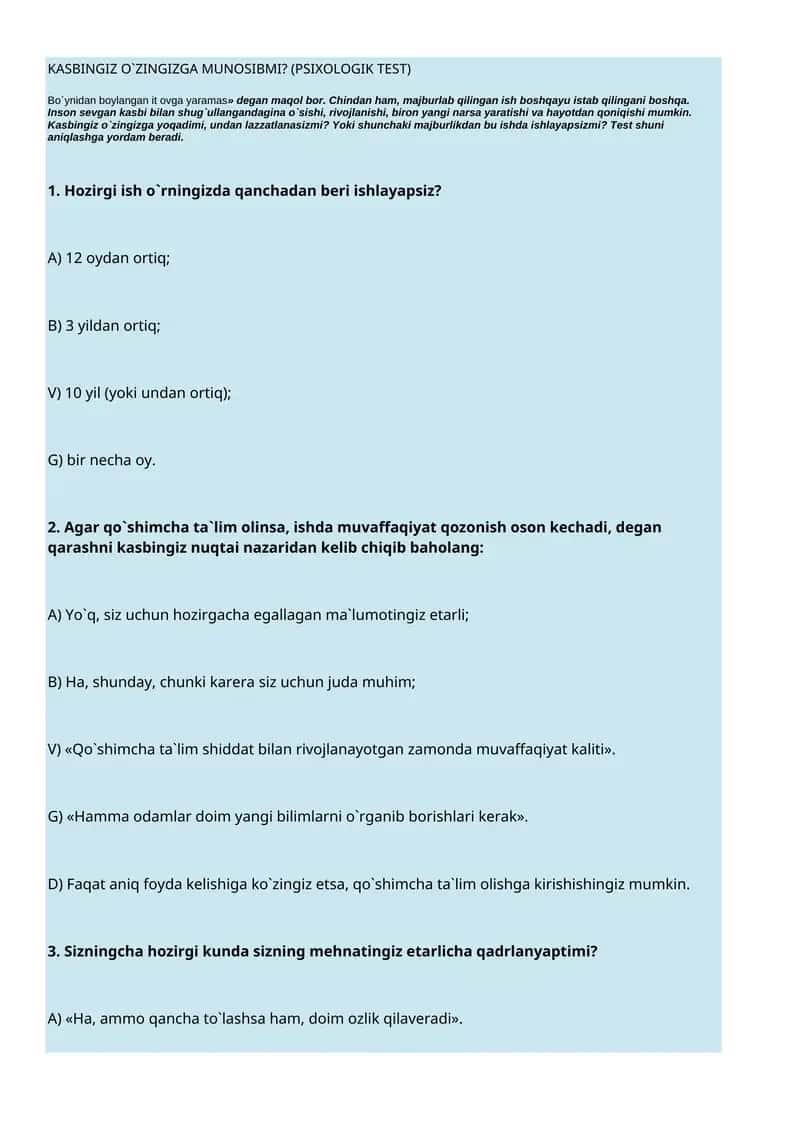 KASBINGIZ O`ZINGIZGA MUNOSIBMI? (PSIXOLOGIK TEST)
