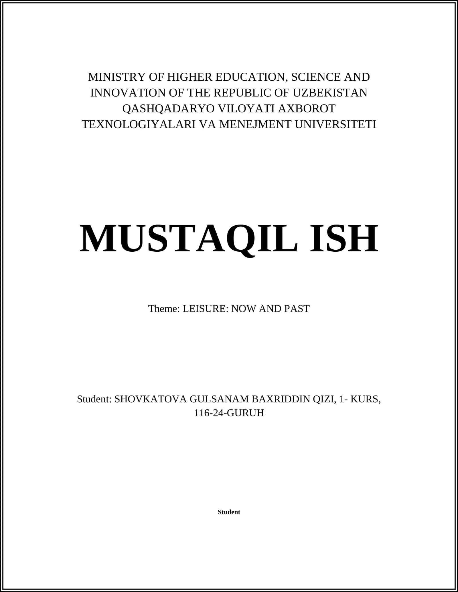 QASHQADARYO VILOYATI AXBOROT TEXNOLOGIYALARI VA MENEJMENT UNIVERSITETI - MUSTAQIL ISH