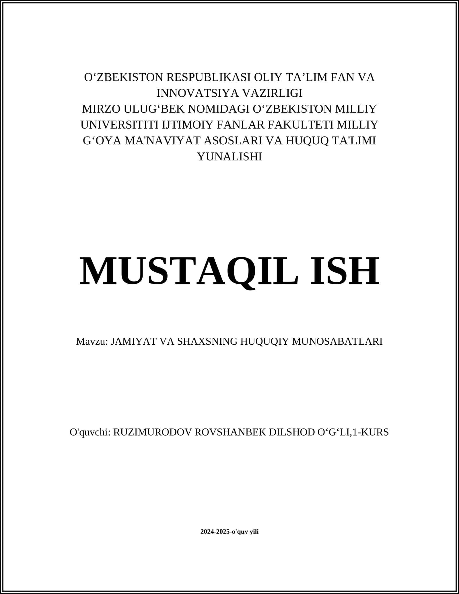 JAMIYAT VA SHAXSNING HUQUQIY MUNOSABATLARI