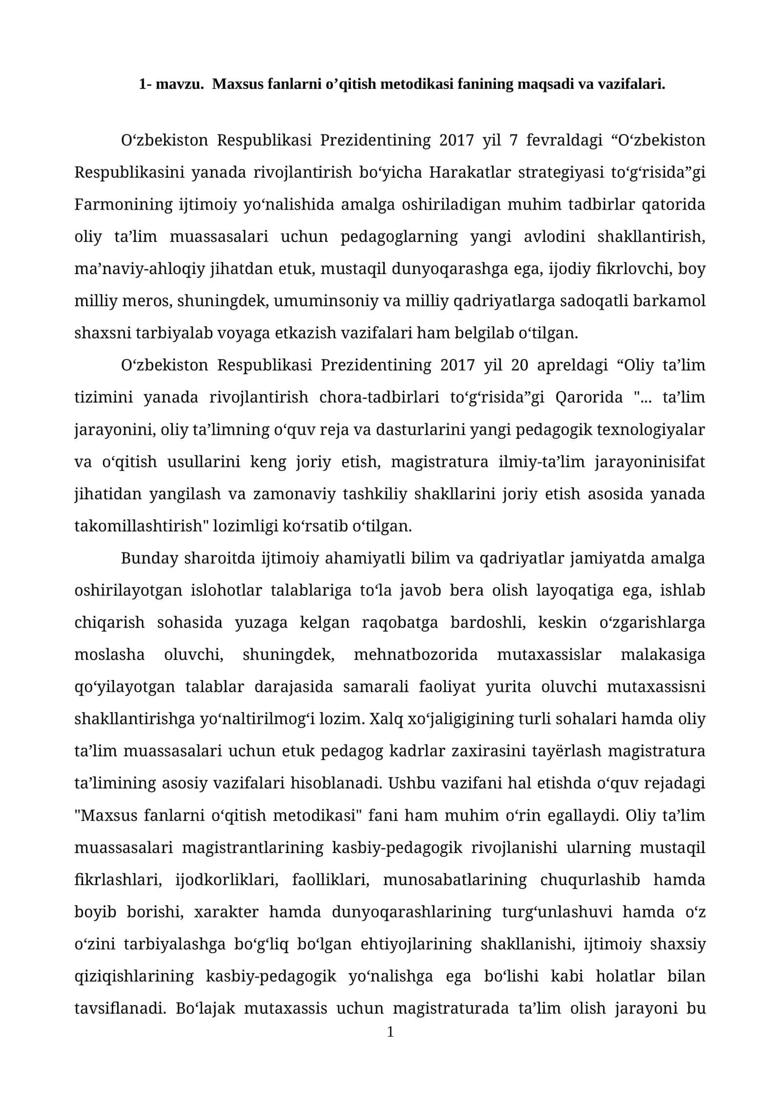Maxsus fanlarni o’qitish metodikasi fanining maqsadi va vazifalari