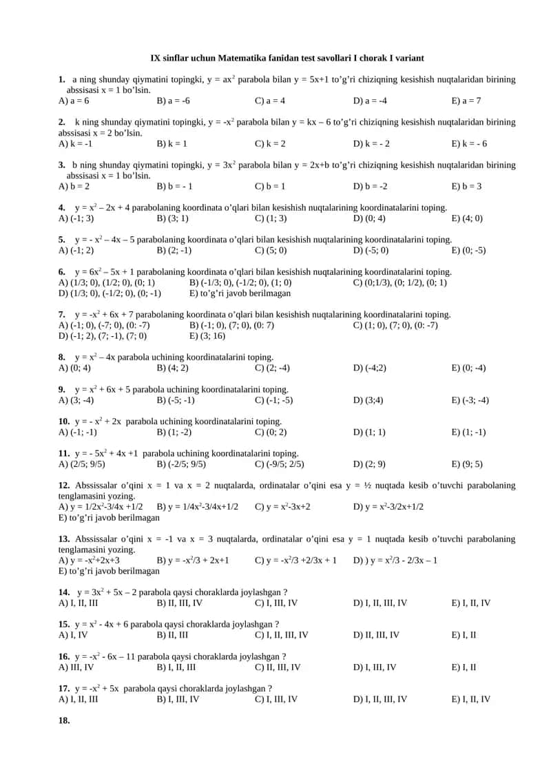 IX sinflar uchun Matematika fanidan test savollari I chorak I variant