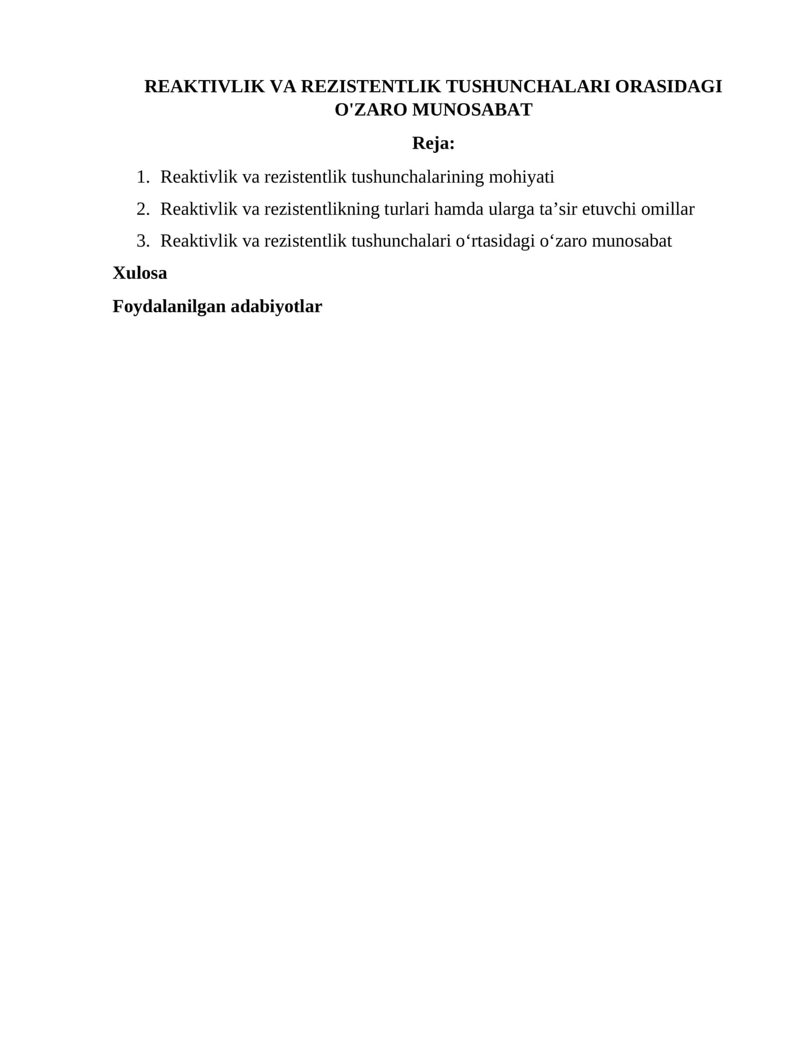 Reaktivlik va rezistentlik tushunchalari orasidagi o'zaro munosabat