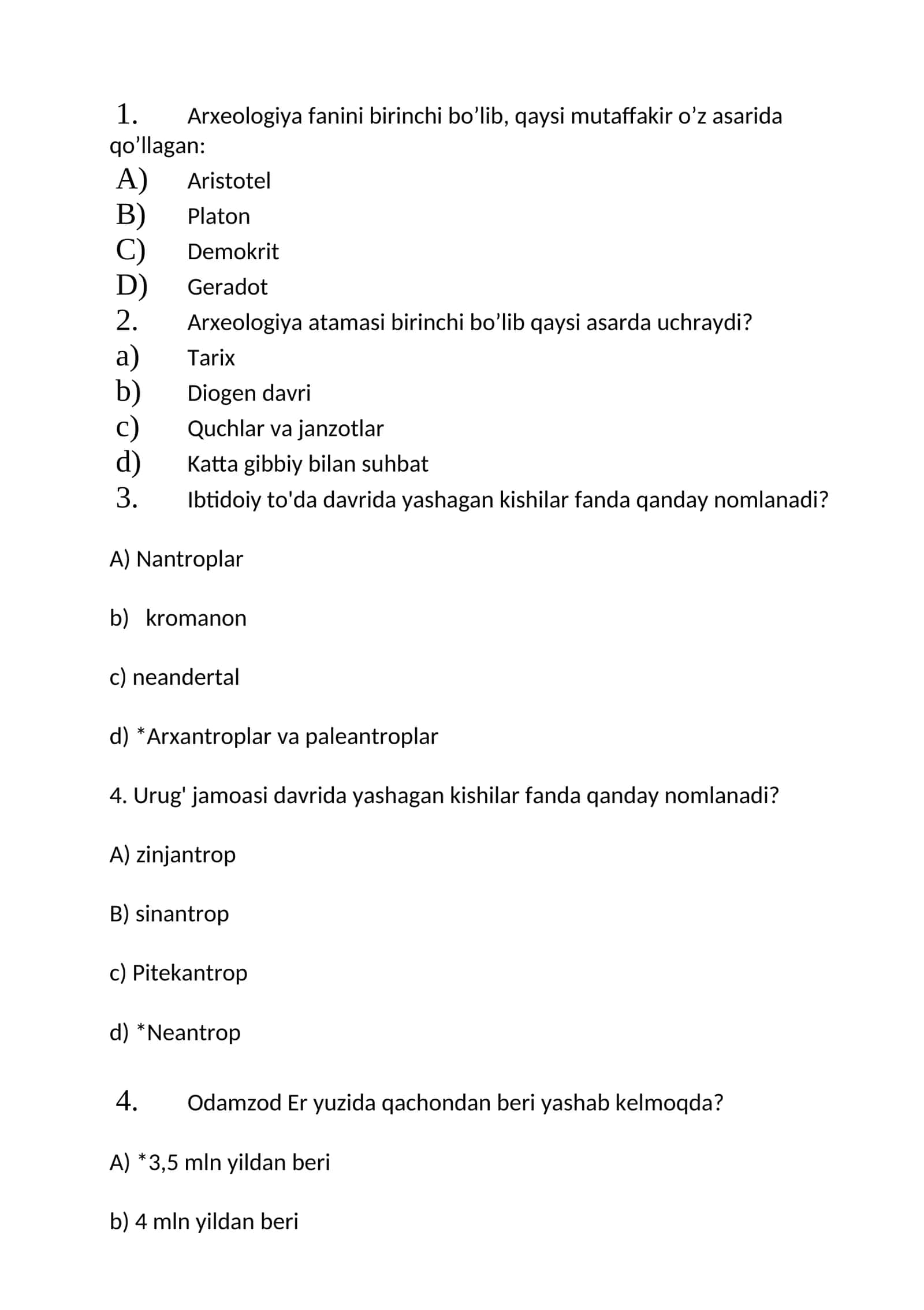 Arxeologiya fanlari test savollari