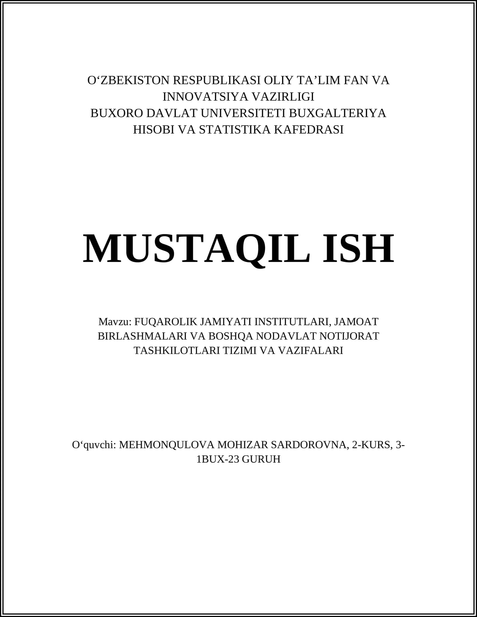 FUQAROLIK JAMIYATI INSTITUTLARI, JAMOAT BIRLASHMALARI VA BOSHQA NODAVLAT NOTIJORAT TASHKILOTLARI TIZIMI VA VAZIFALARI