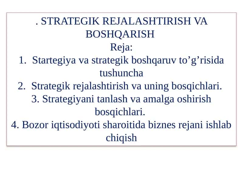 Strategik Rejalashtirish va Boshqarish