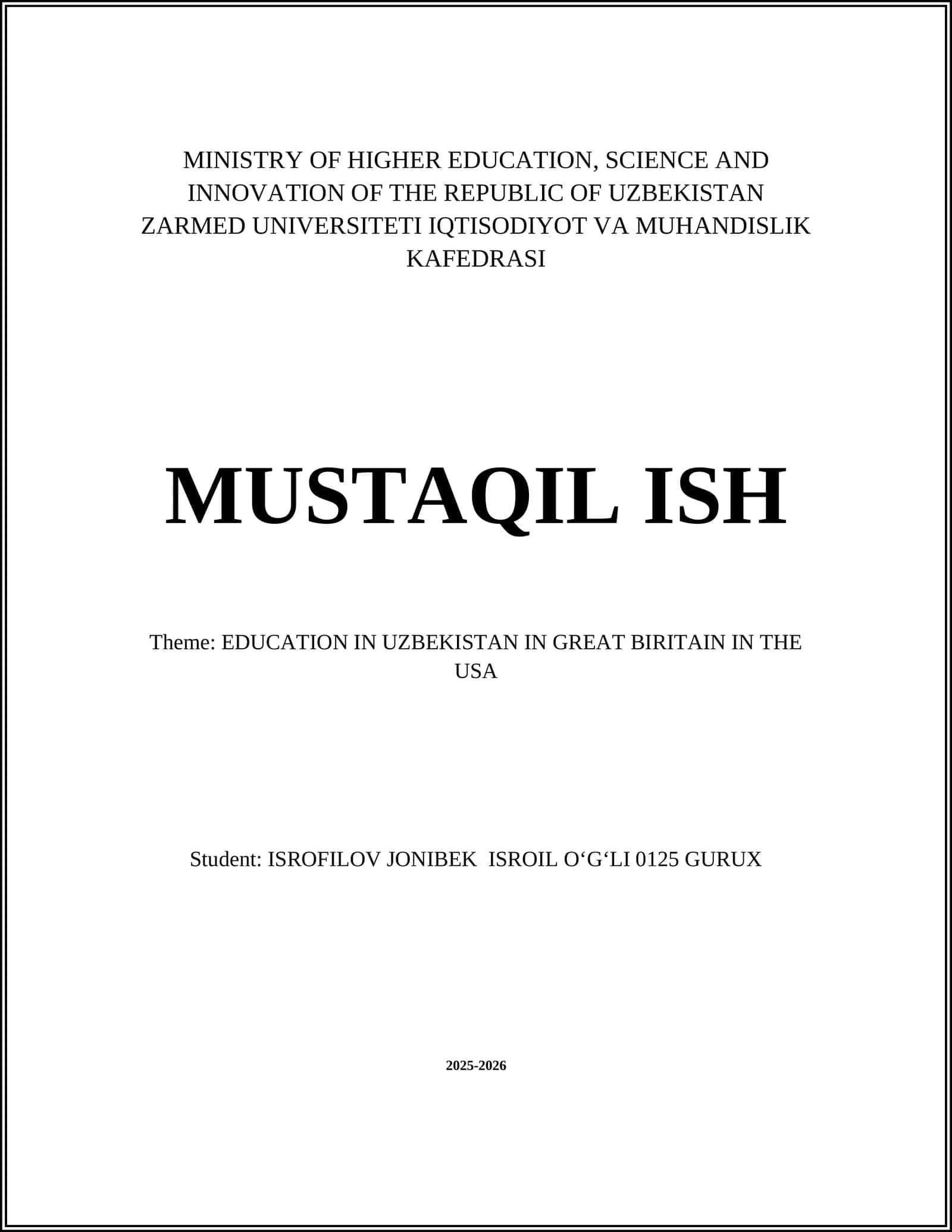 ZARMED UNIVERSITETI IQTISODIYOT VA MUHANDISLIK KAFEDRASI