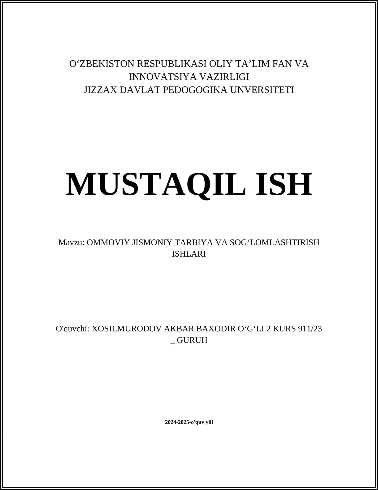 OMMOVIY JISMONIY TARBIYA VA SOGʻLOMLASHTIRISH ISHLARI