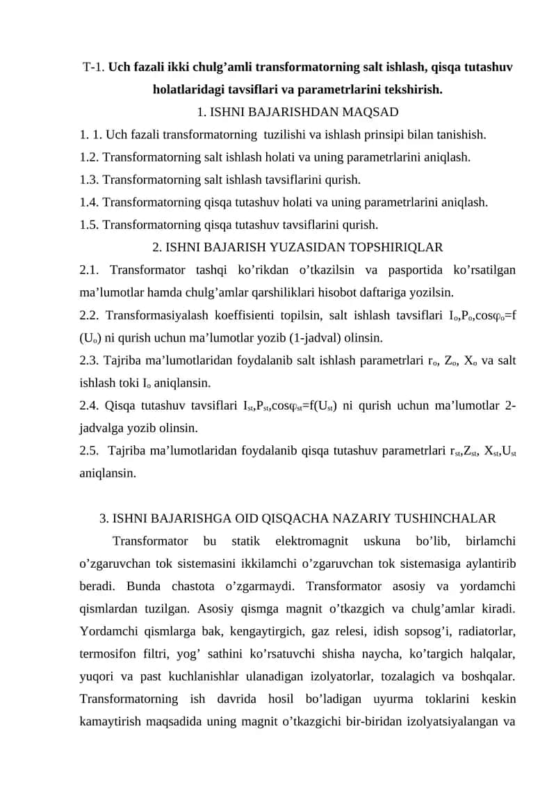 Uch fazali ikki chulg’amli transformatorning ishlashini o'rganish