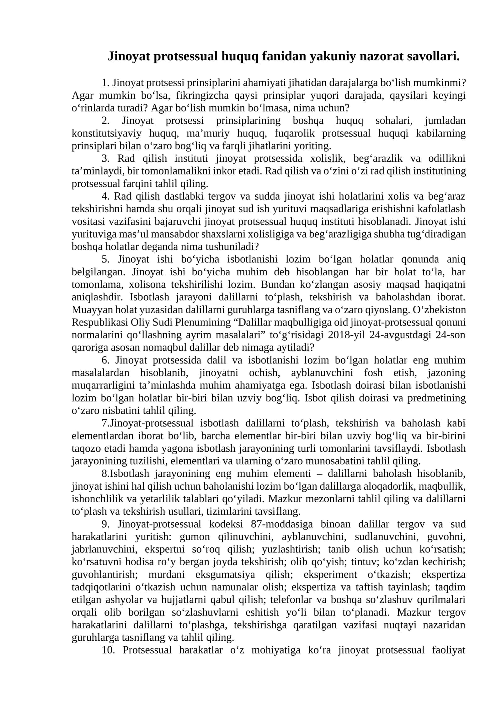 Jinoyat protsessual huquq fanidan yakuniy nazorat savollari