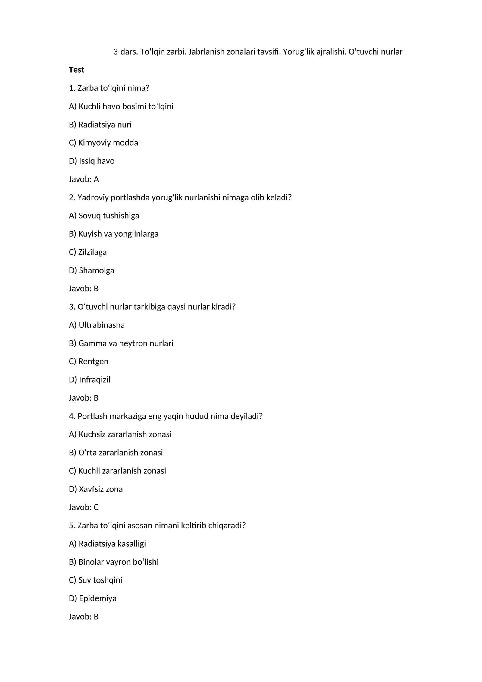 To’lqin zarbi. Jabrlanish zonalari tavsifi. Yorug’lik ajralishi. O’tuvchi nurlar
