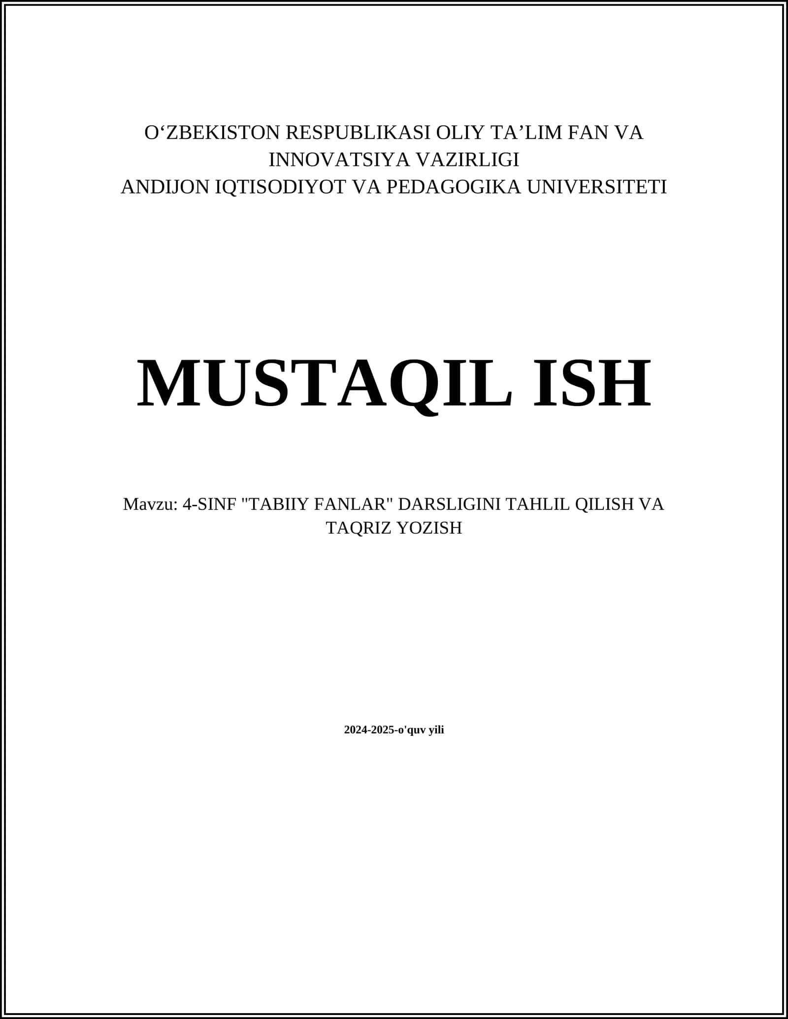 4-SINF "TABIIY FANLAR" DARSLIGINI TAHLIL QILISH VA TAQRIZ YOZISH