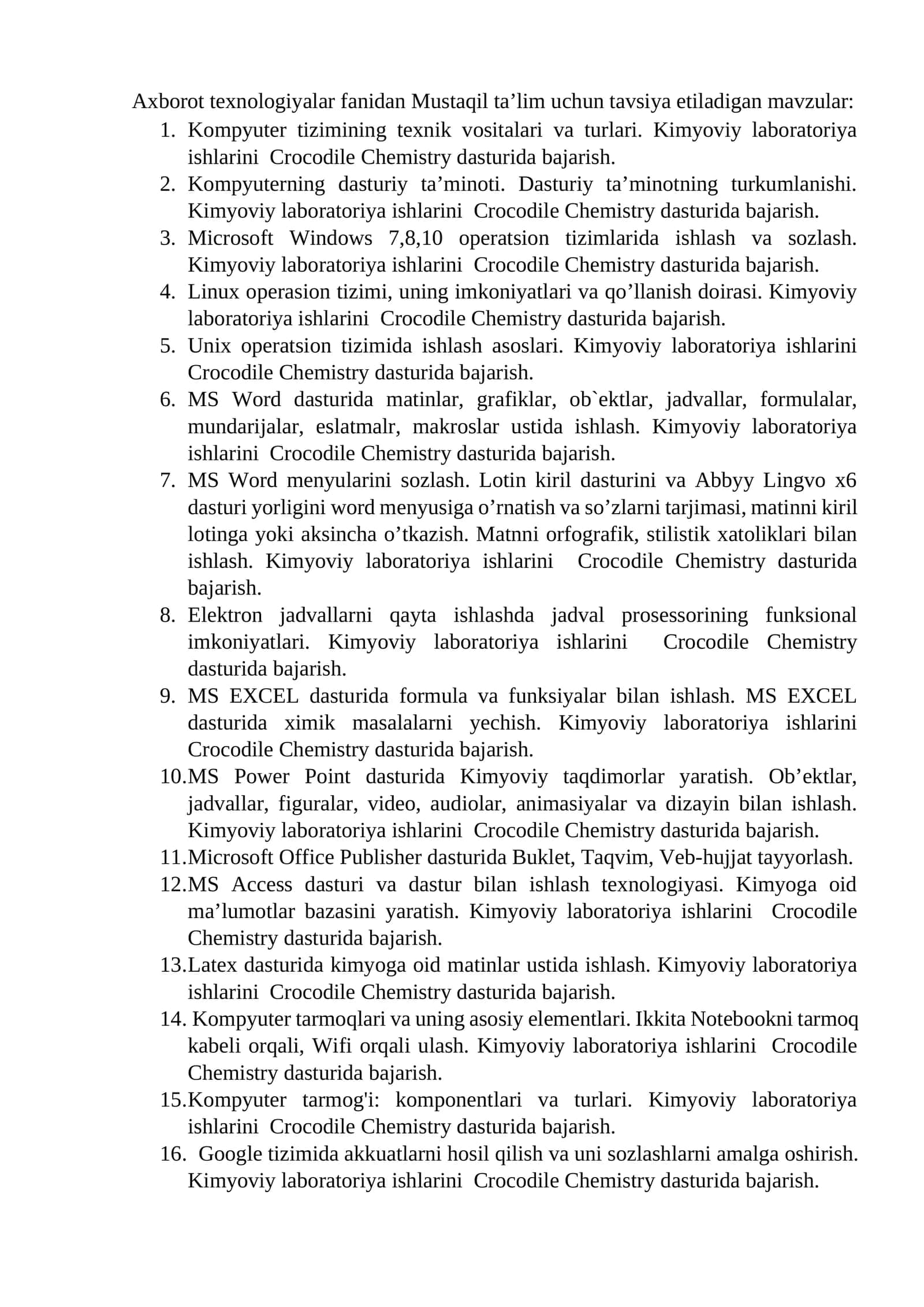 Axborot texnologiyalar fanidan Mustaqil taʼlim uchun tavsiya etiladigan mavzular