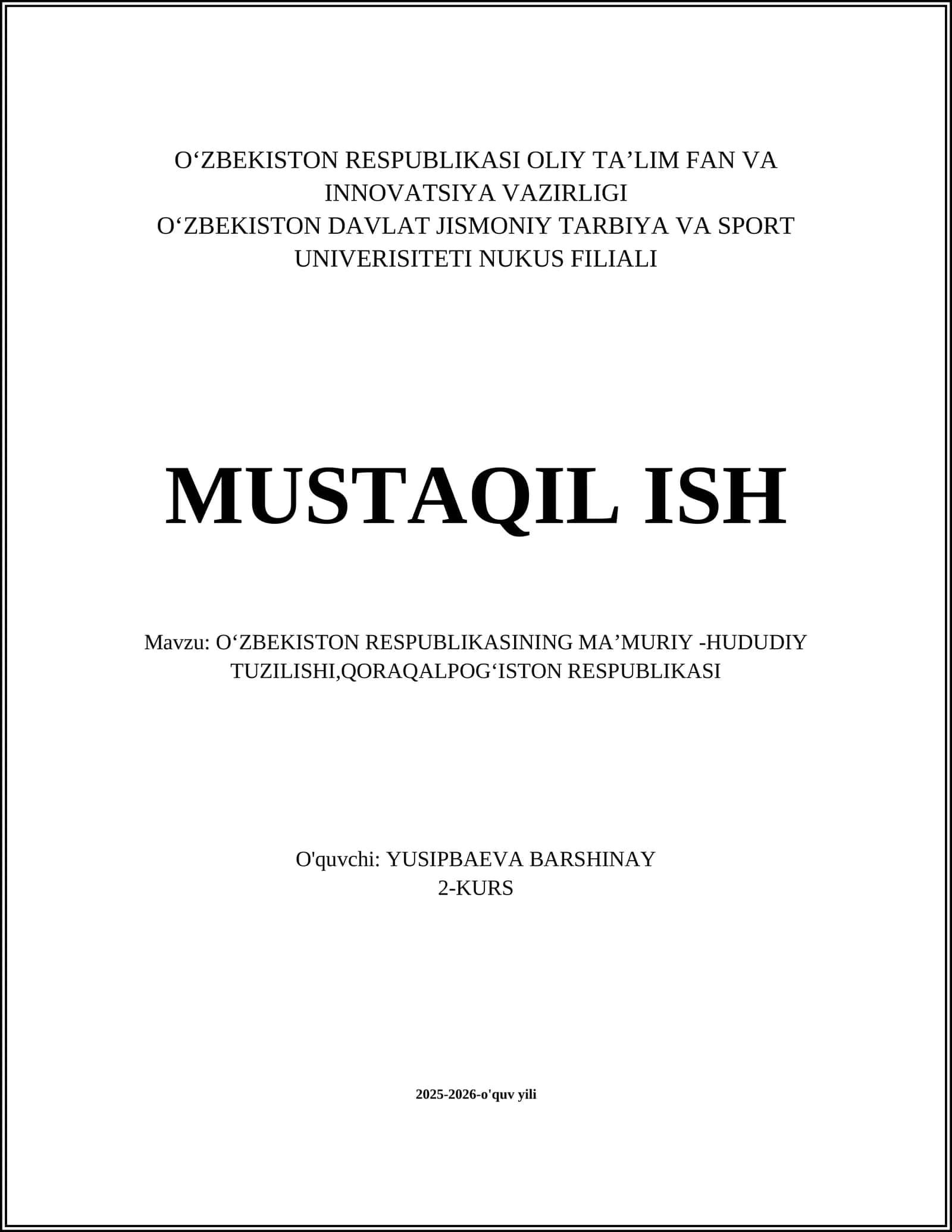 OʻZBEKISTON RESPUBLIKASINING MAʼMURIY -HUDUDIY TUZILISHI
