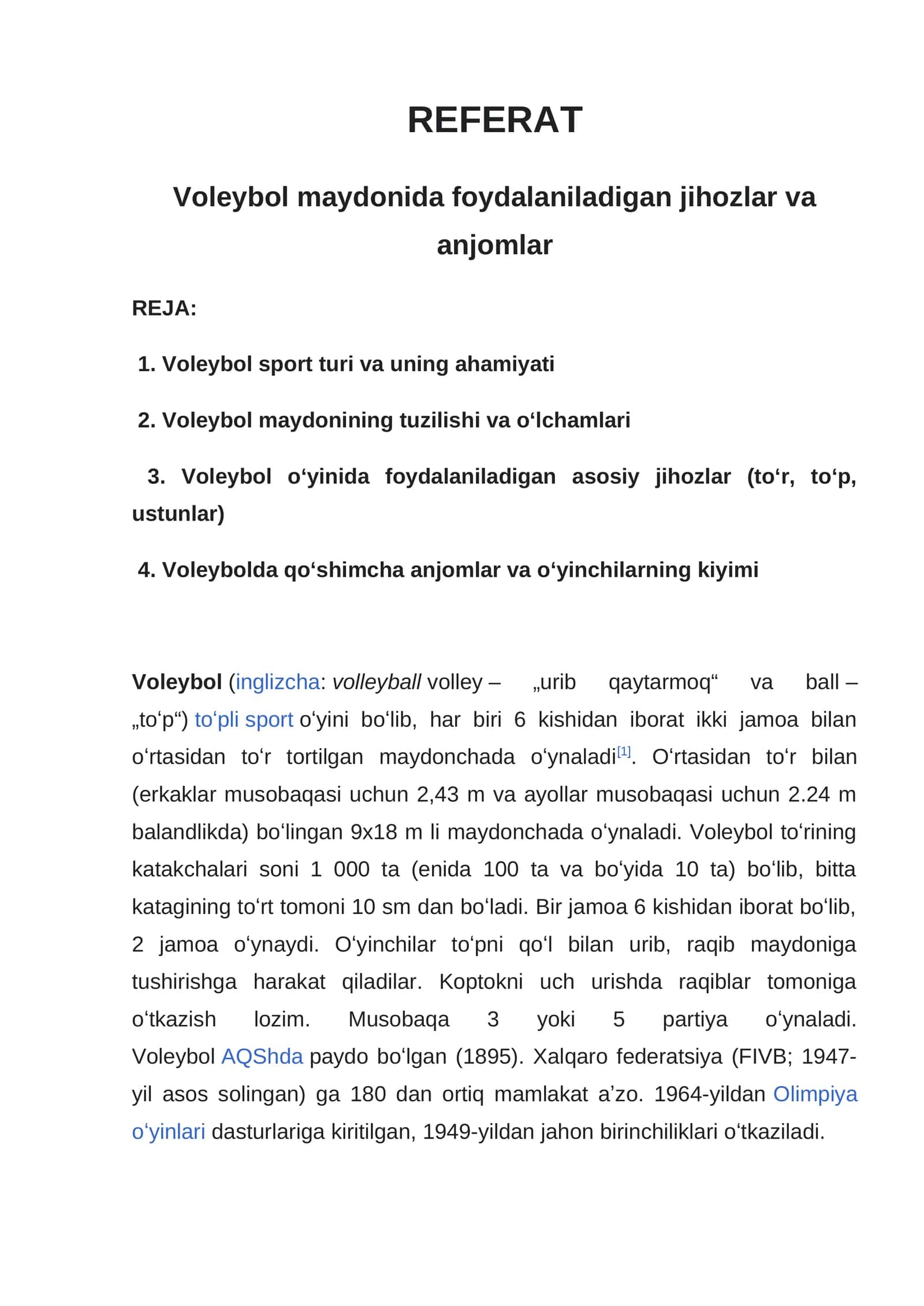 Voleybol maydonida foydalaniladigan jihozlar va anjomlar