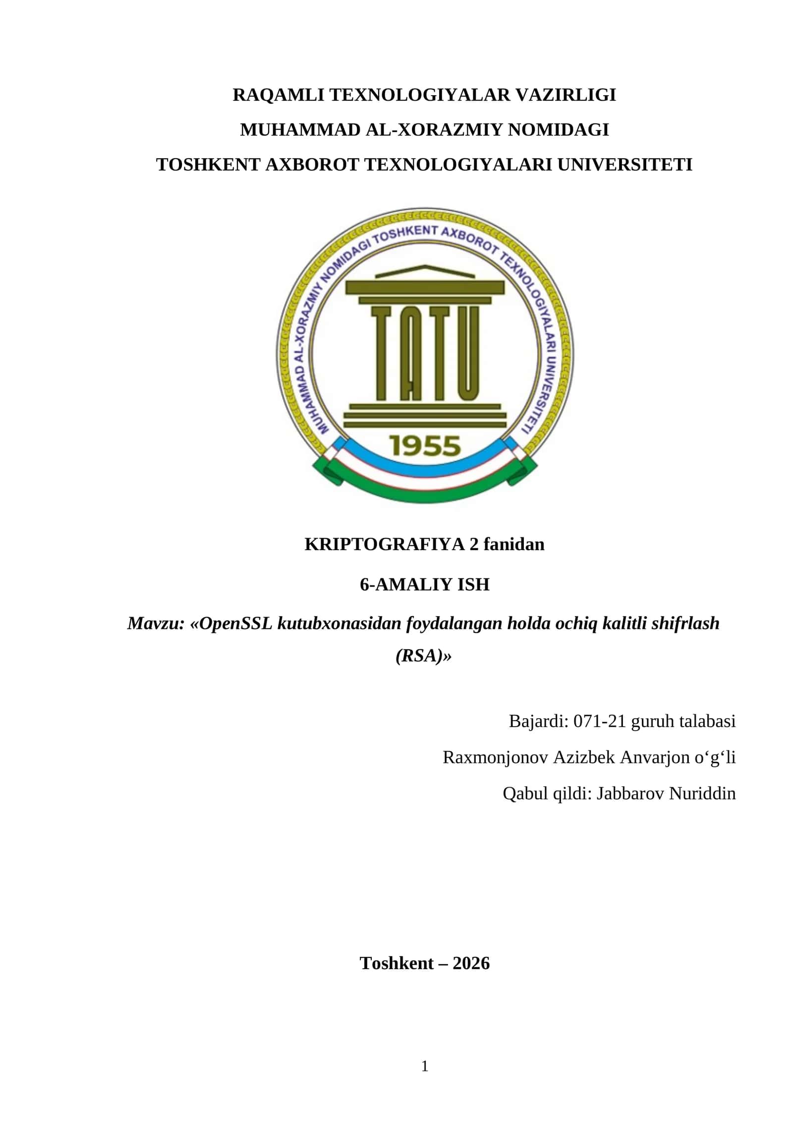 OpenSSL kutubxonasidan foydalangan holda ochiq kalitli shifrlash (RSA)