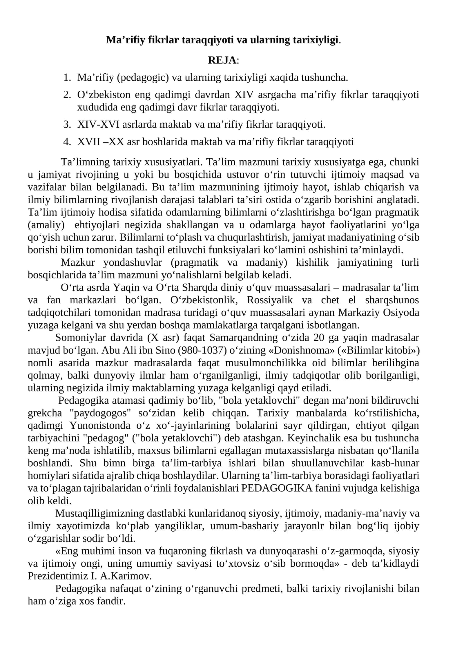Ma’rifiy fikrlar taraqqiyoti va ularning tarixiyligi