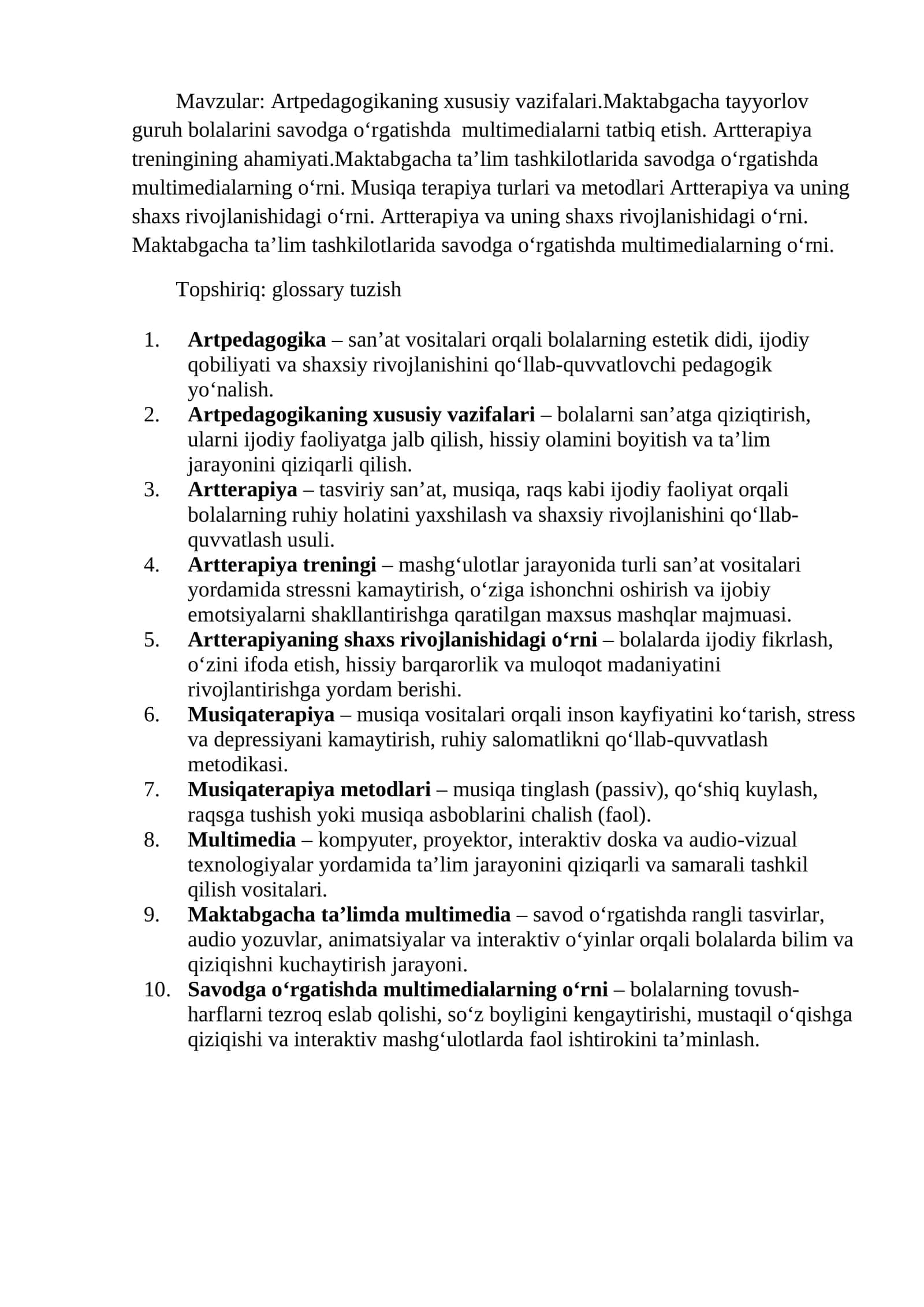 Artpedagogikaning xususiy vazifalari