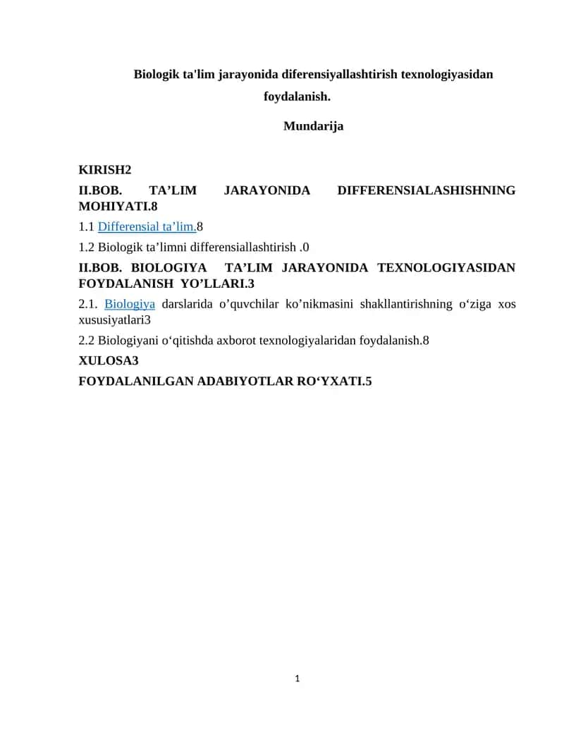 Biologik ta'lim jarayonida diferensiyallashtirish texnologiyasidan foydalanish