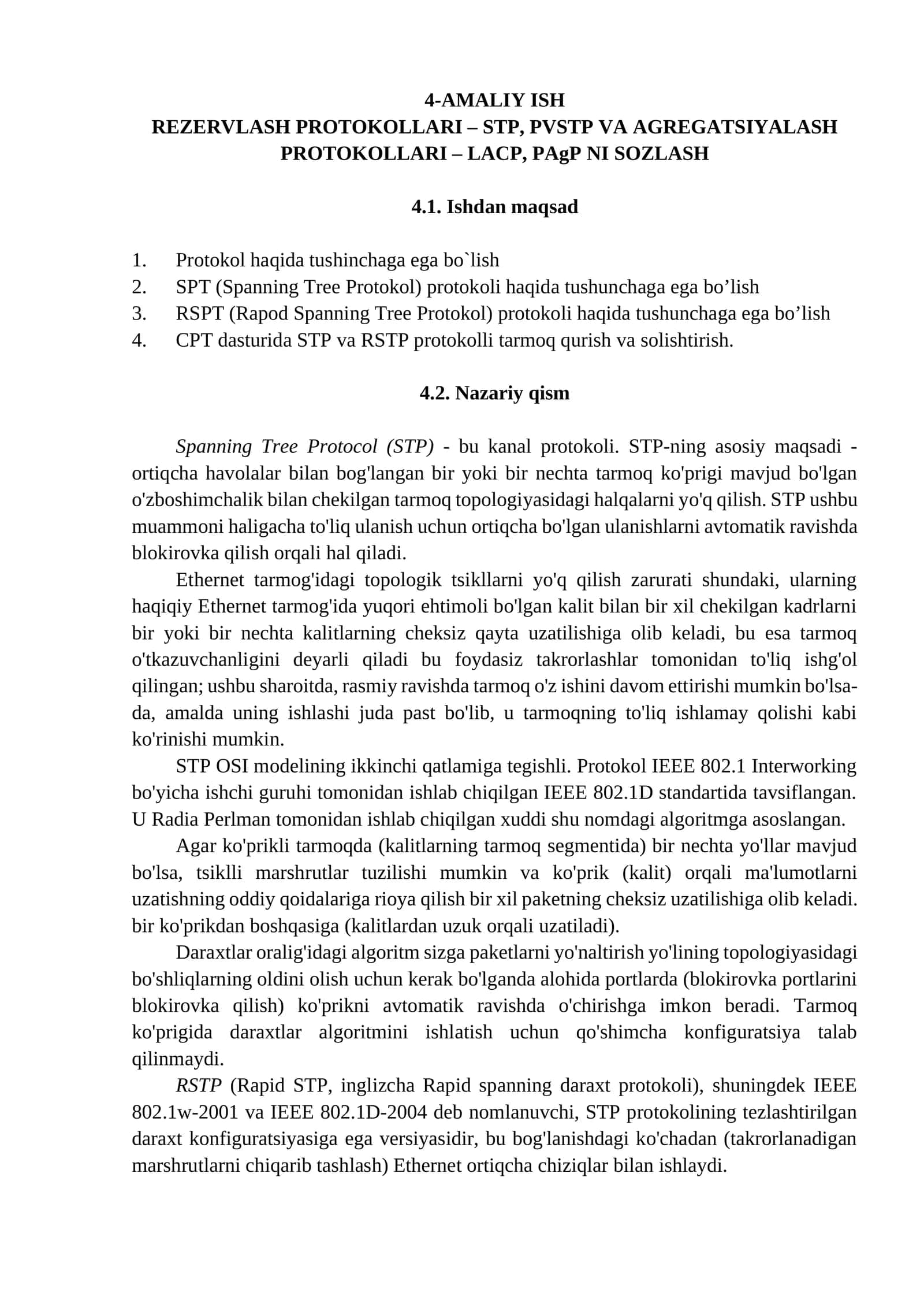 REZERVLASH PROTOKOLLARI – STP, PVSTP VA AGREGATSIYALASH PROTOKOLLARI – LACP, PAgP NI SOZLASH