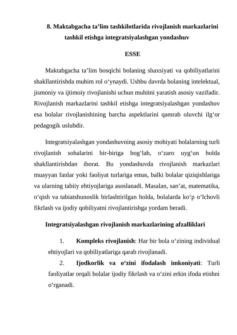 Maktabgacha ta’lim tashkilotlarida rivojlanish markazlarini tashkil etishga integratsiyalashgan yondashuv