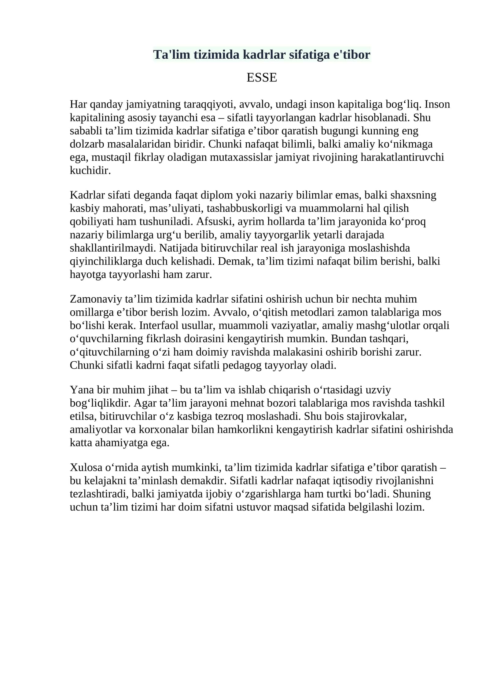 Ta'lim tizimida kadrlar sifatiga e'tibor