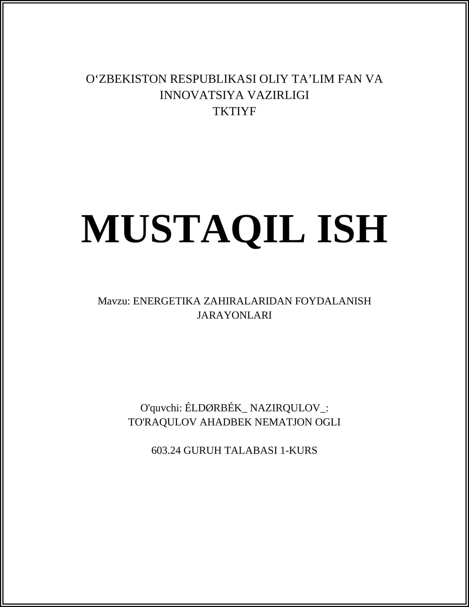 ENERGETIKA ZAHIRALARIDAN FOYDALANISH JARAYONLARI