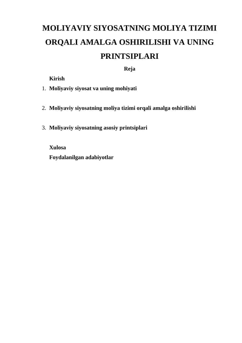 Moliyaviy Siyosatning Moliya Tizimi Orqali Amalga Oshirilishi va Uning Printsiplari