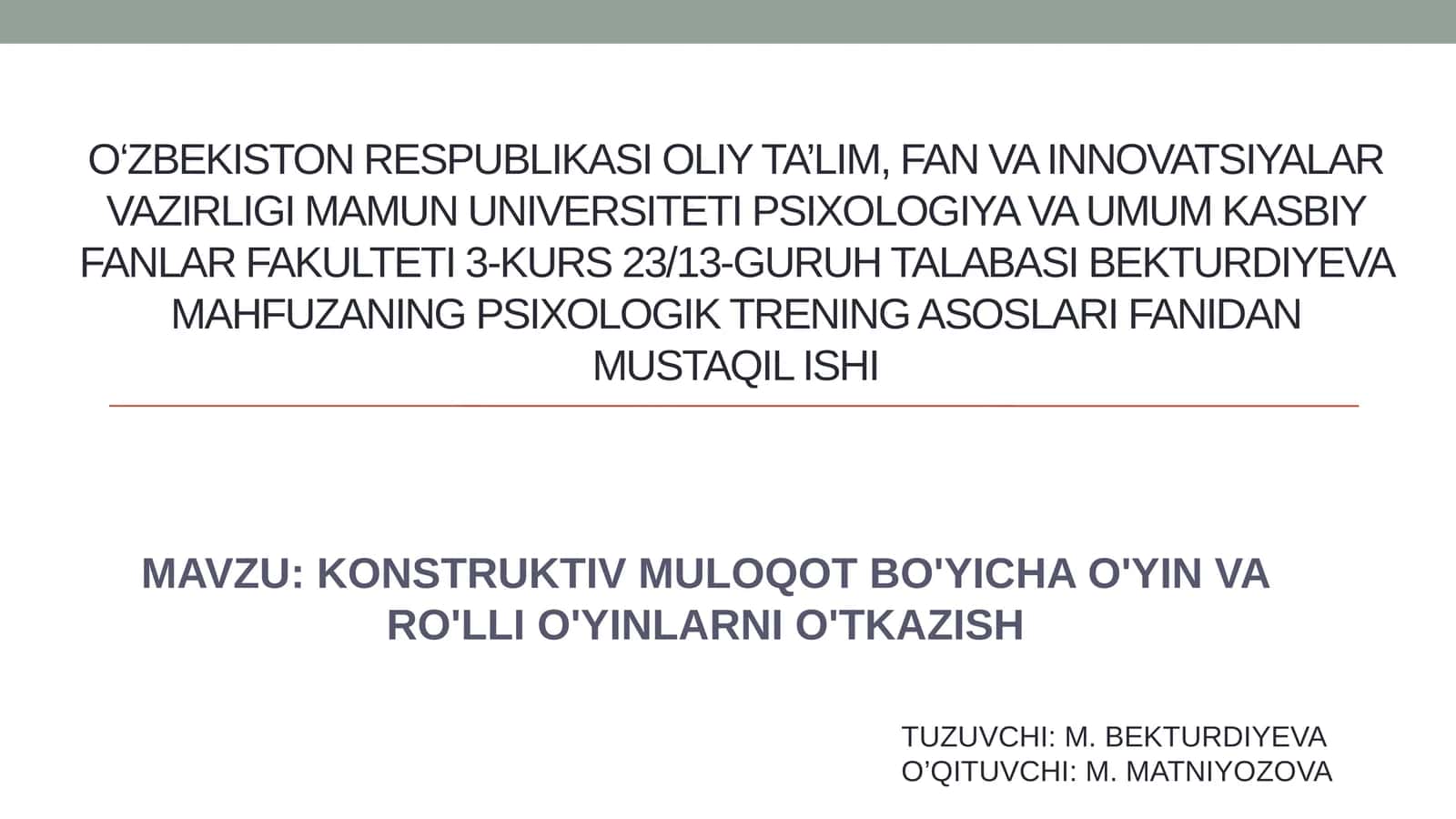 KONSTRUKTIV MULOQOT BO'YICHA O'YIN VA RO'LLI O'YINLARNI O'TKAZISH